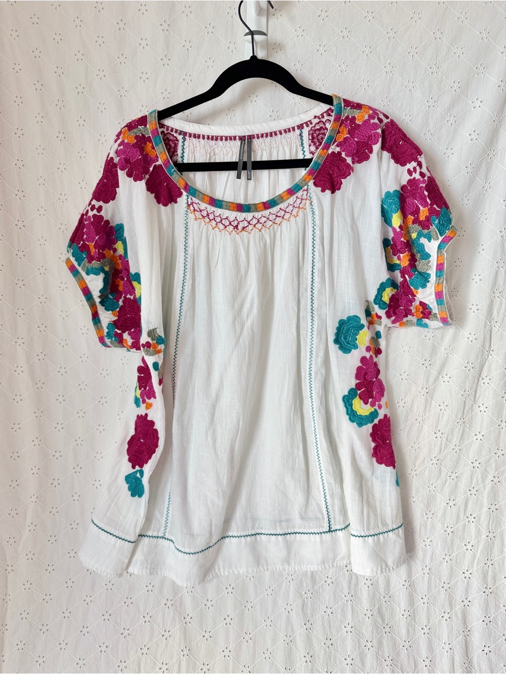 Embroidered White Peasant Top with Pink & Teal Floral Accents